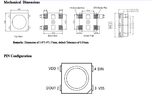 Diagram showing the correct WS2812B LED orientation